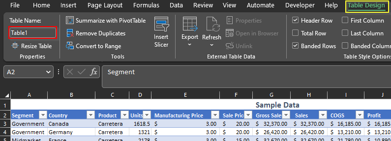 Excel Example Table Name